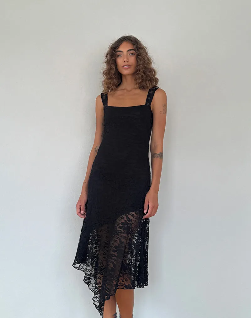 Adeliza Asymmetric Midi Dress in Floral Lace Jet Black