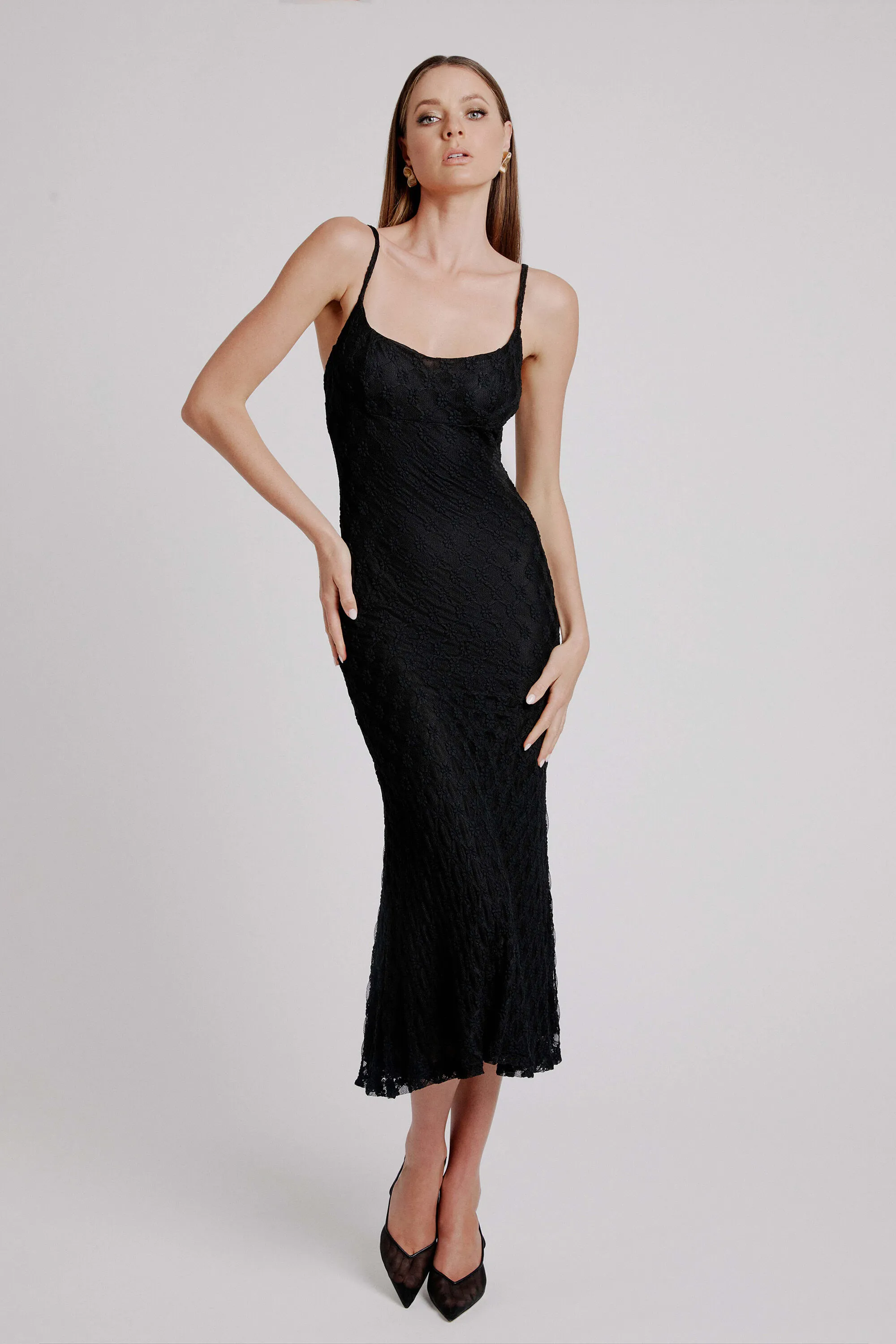 adoni mesh midi dress in black