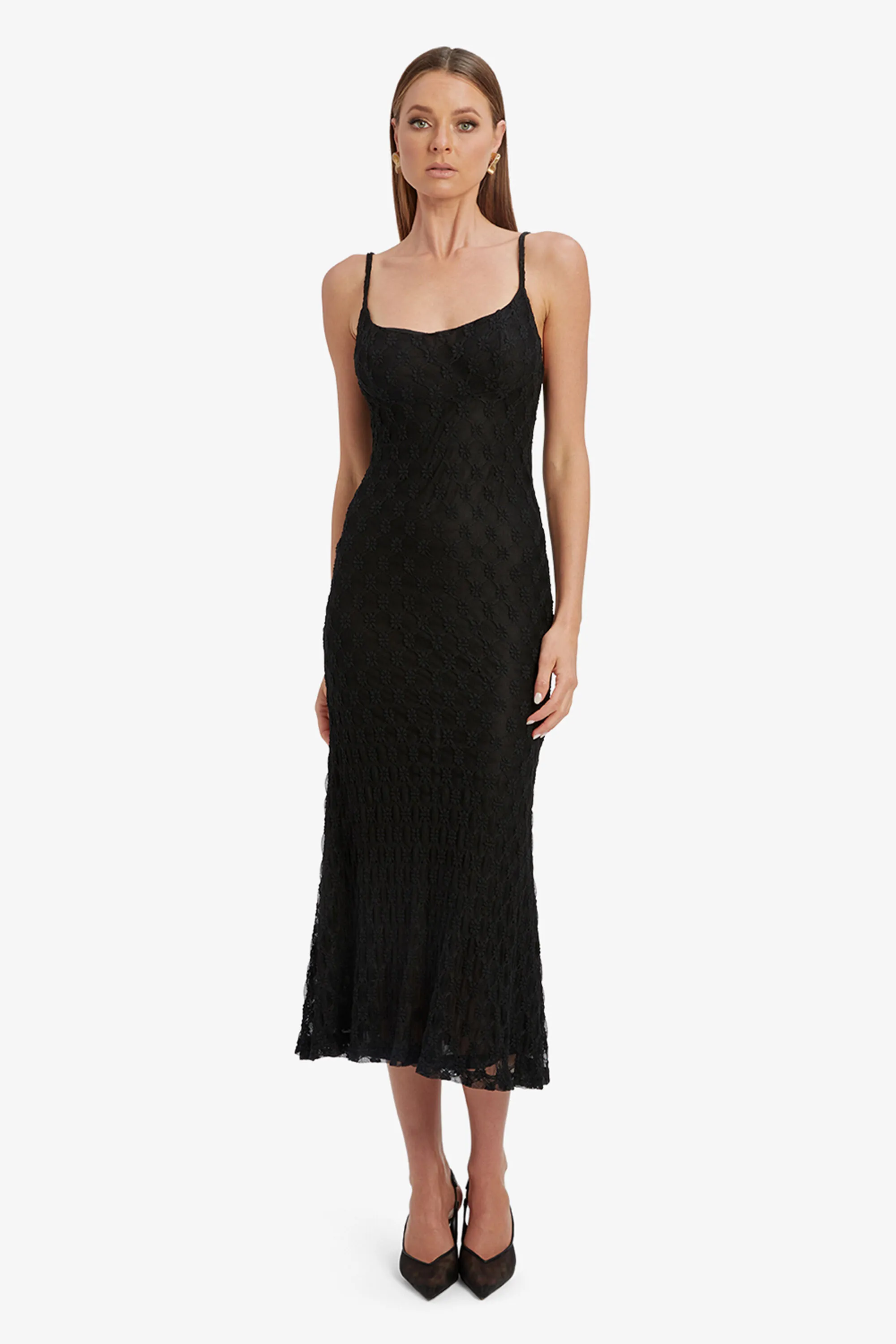 adoni mesh midi dress in black