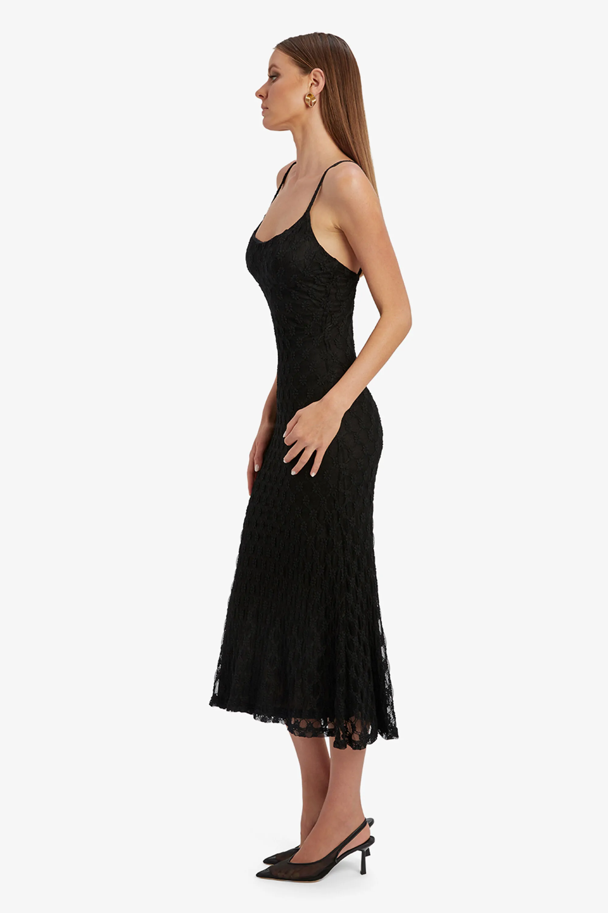 adoni mesh midi dress in black