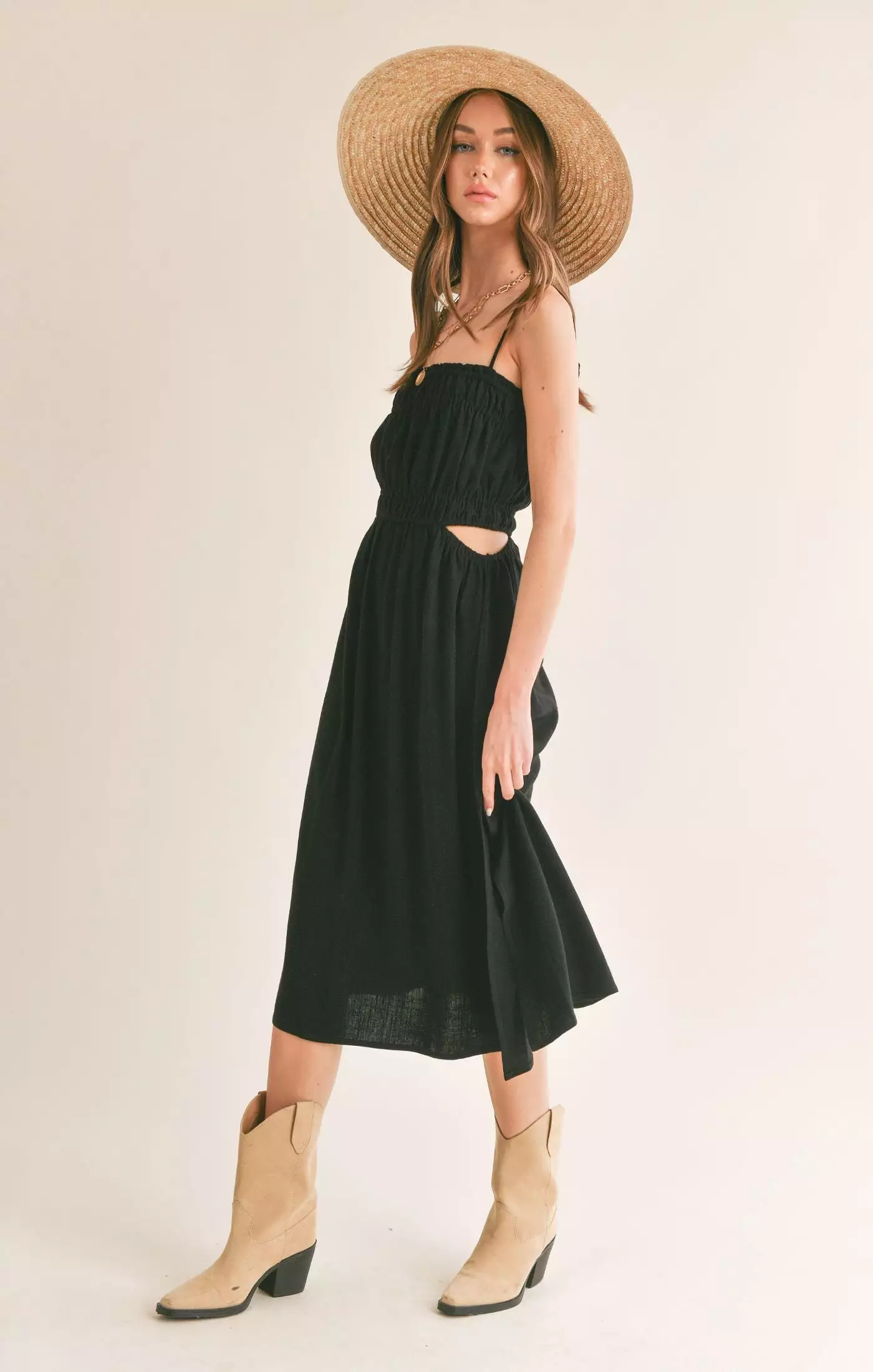 At Ease Linen Blend Side Cutout Midi Dress