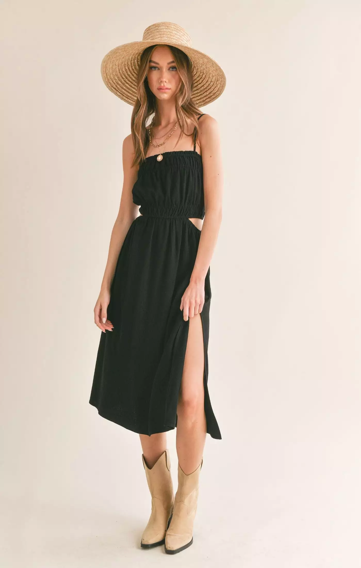 At Ease Linen Blend Side Cutout Midi Dress