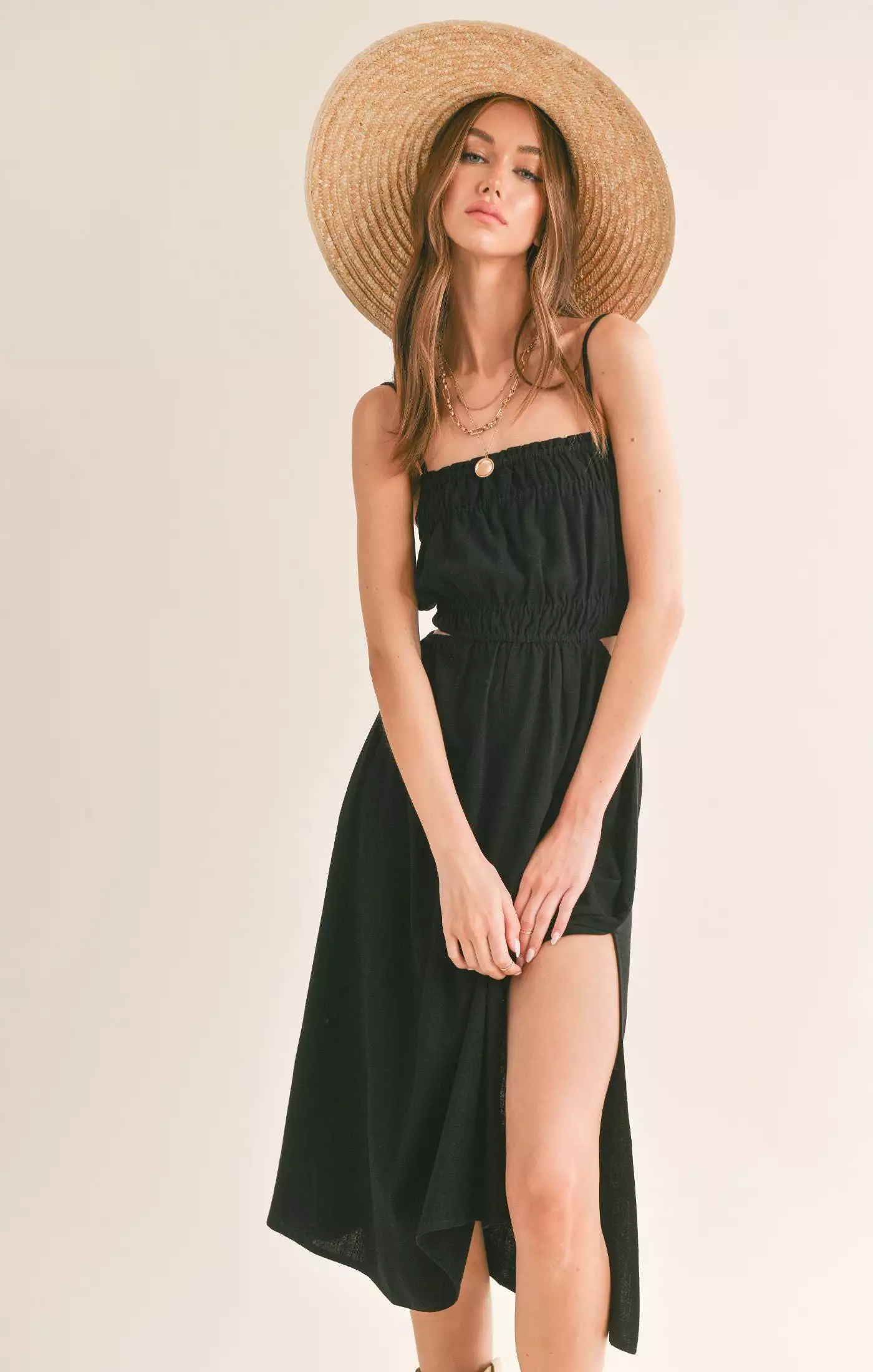 At Ease Linen Blend Side Cutout Midi Dress