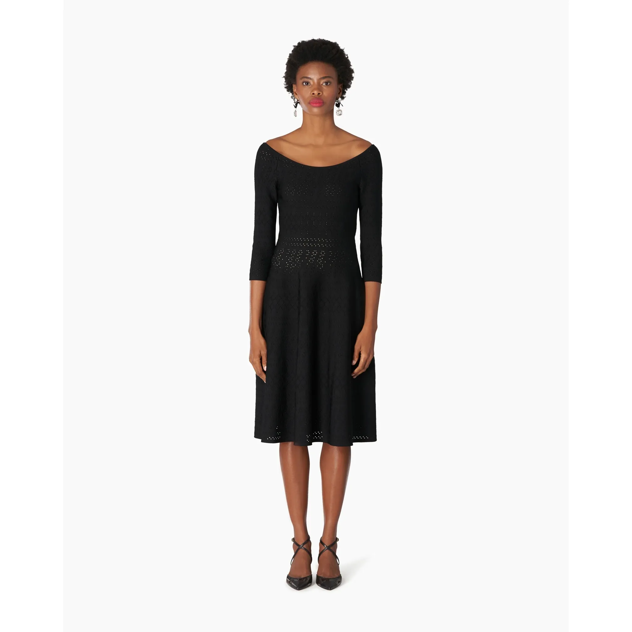 Bateau Neck Flare Midi Dress | Black