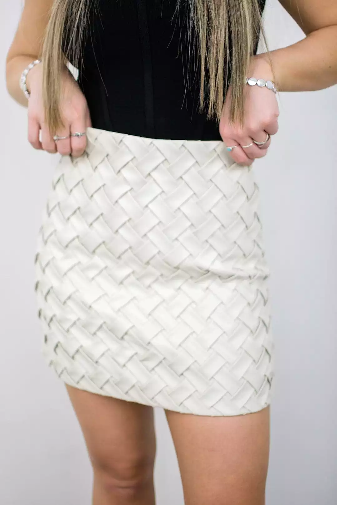 Beige Woven Leather Mini Skirt