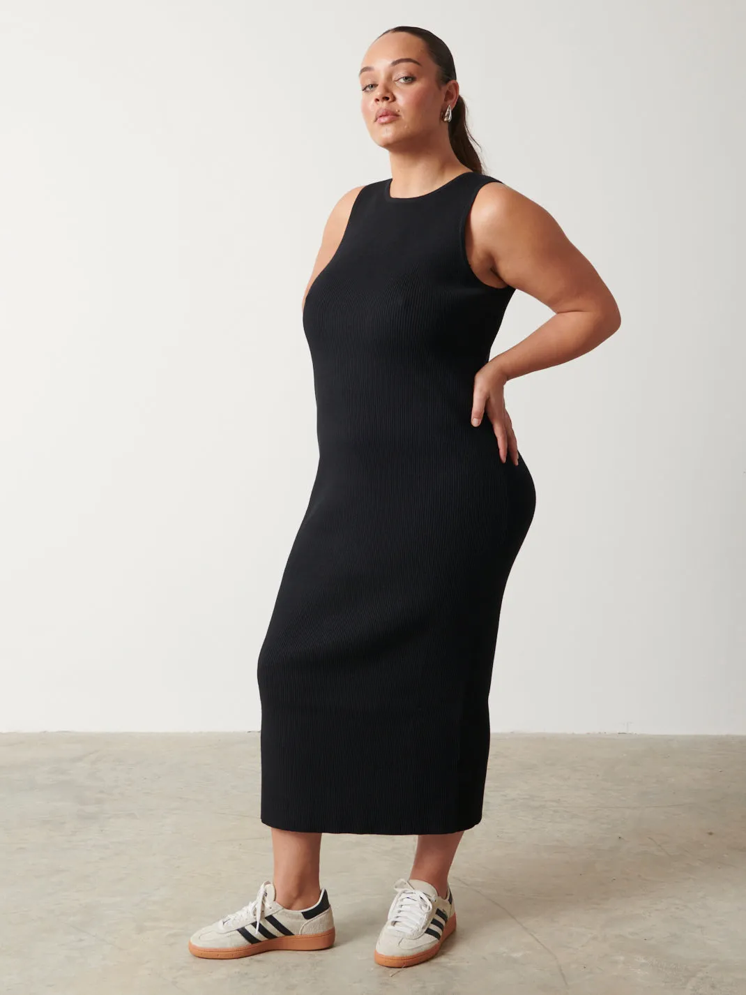 Billie Ribbed Racer Midi Dress - Black