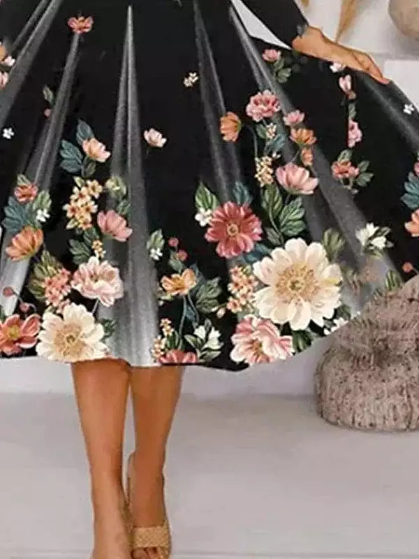 Black Floral Print Two-Piece Midi Dress