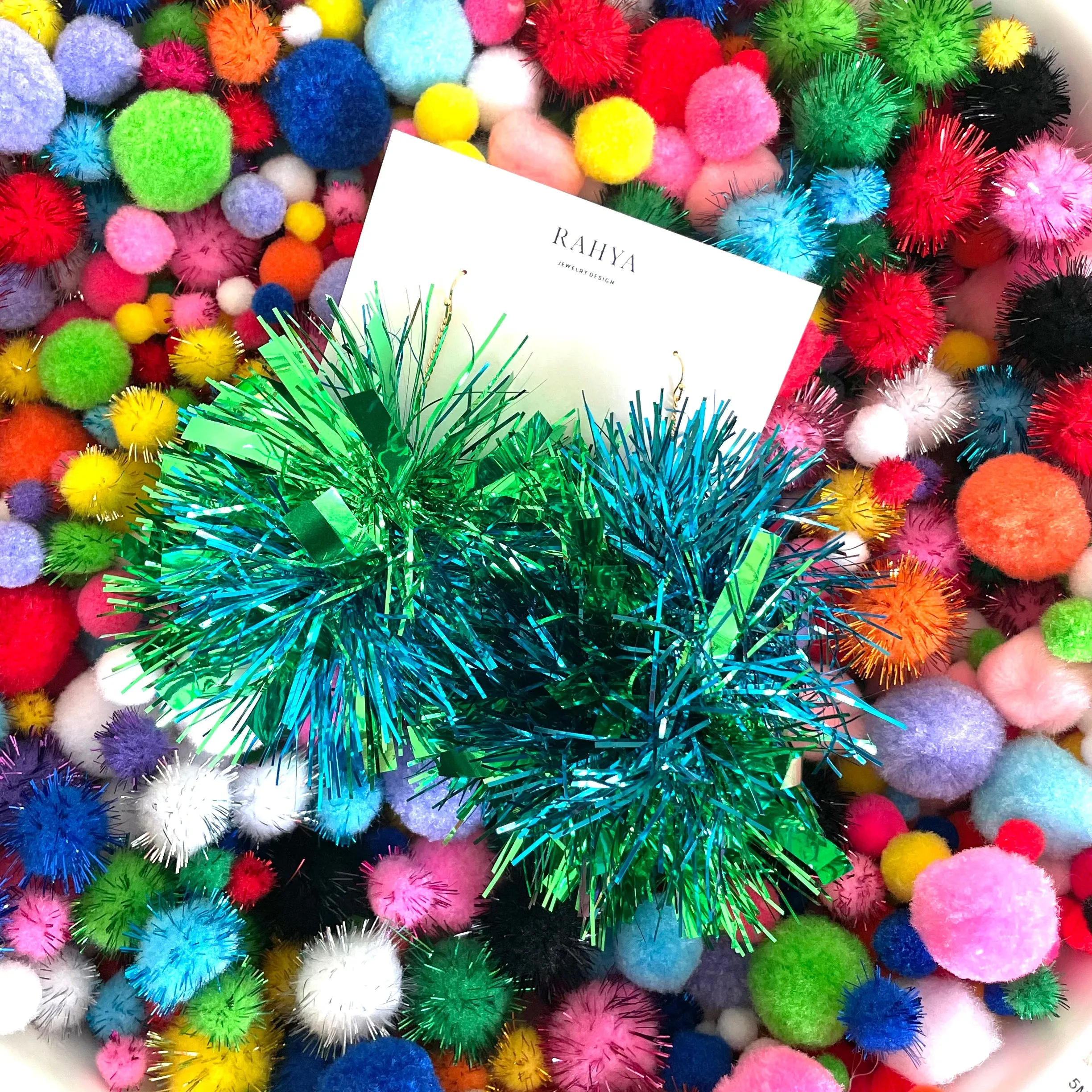 Blue & Green Mixed Pom Pom Earrings