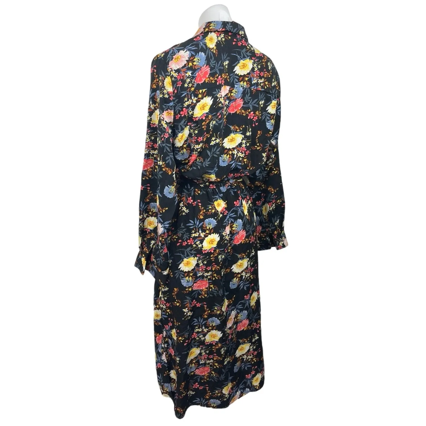 Boohoo Black Floral Print Belted Tie Waist Long Sleeve Midi A-Line Wrap Dress 12