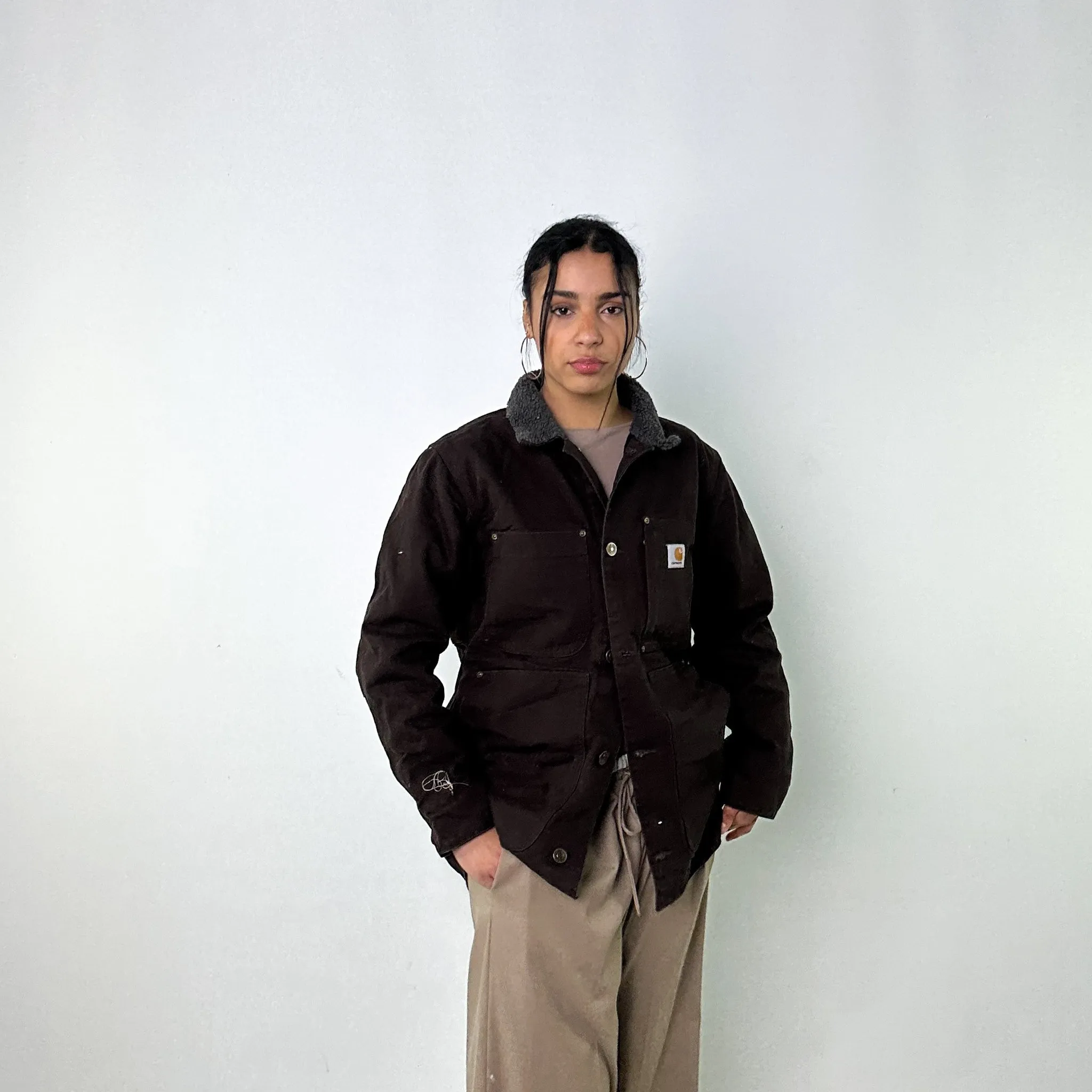 Brown Vintage Carhartt Fleece Lined Chore Deadstock Workwear Jacket Coat (M)