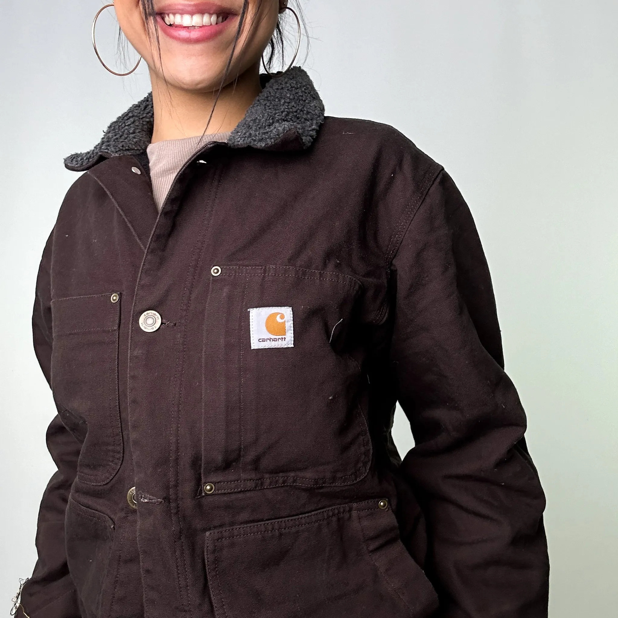 Brown Vintage Carhartt Fleece Lined Chore Deadstock Workwear Jacket Coat (M)