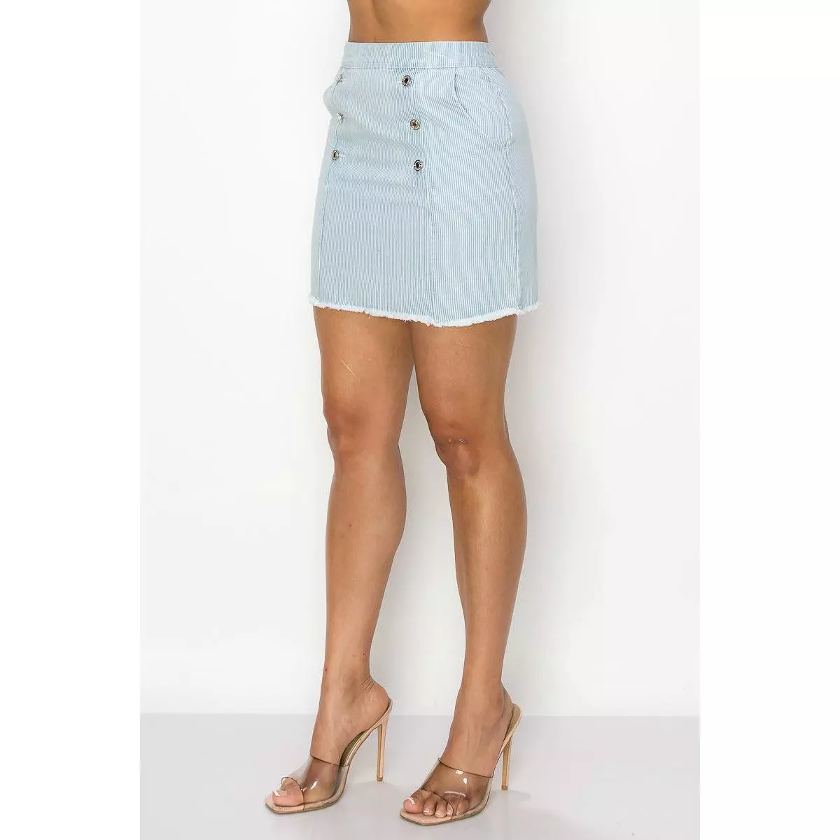 Button Frayed Denim Mini Skirt