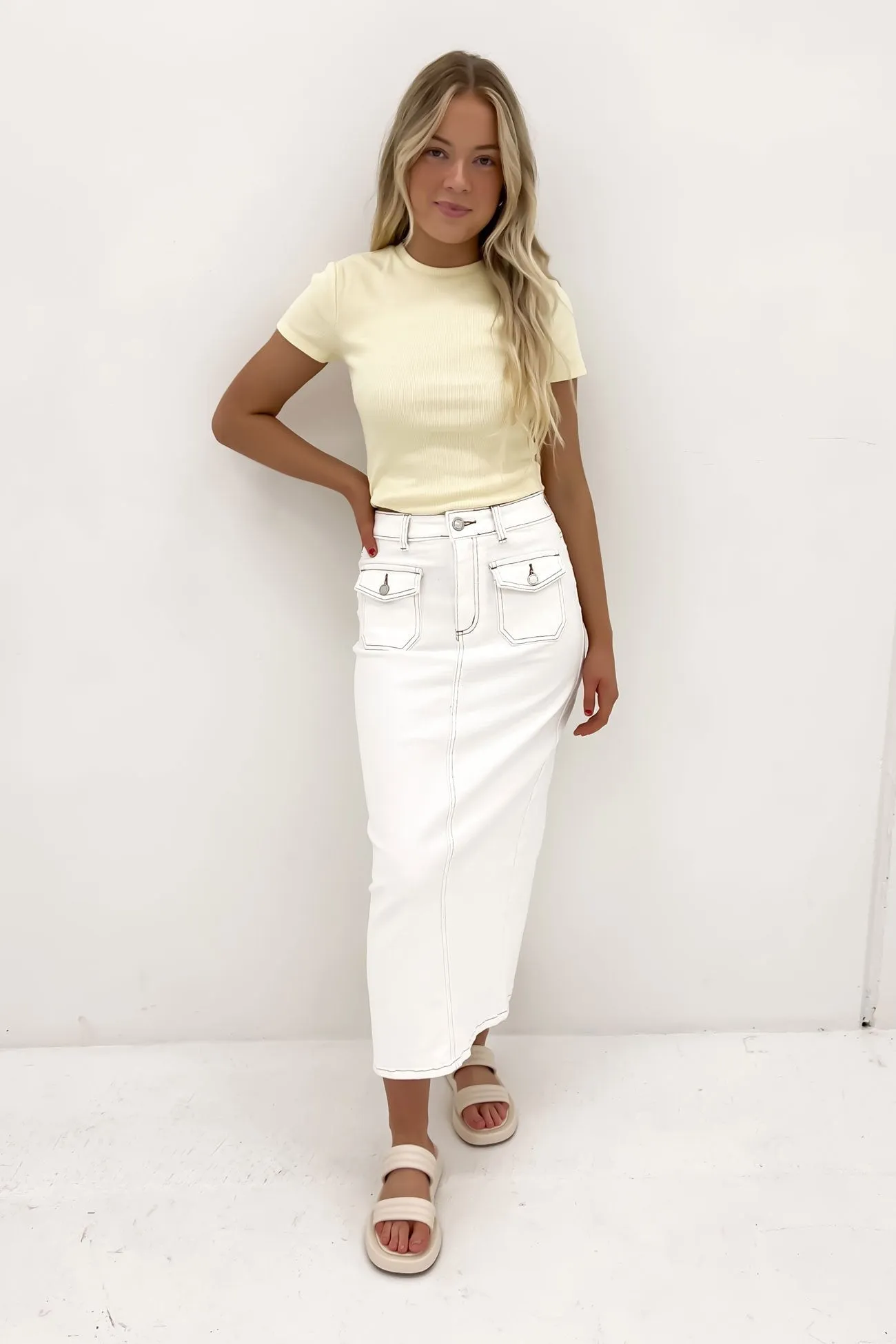 Caitlyn Denim Midi Skirt White