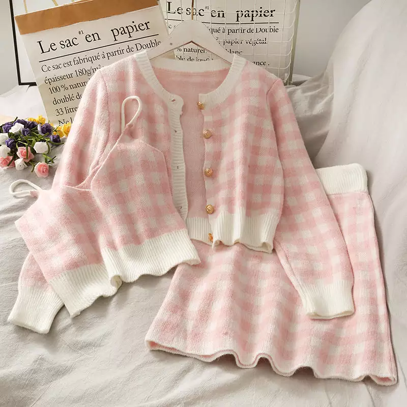 Checked Sweater Three-piece Set AD12589