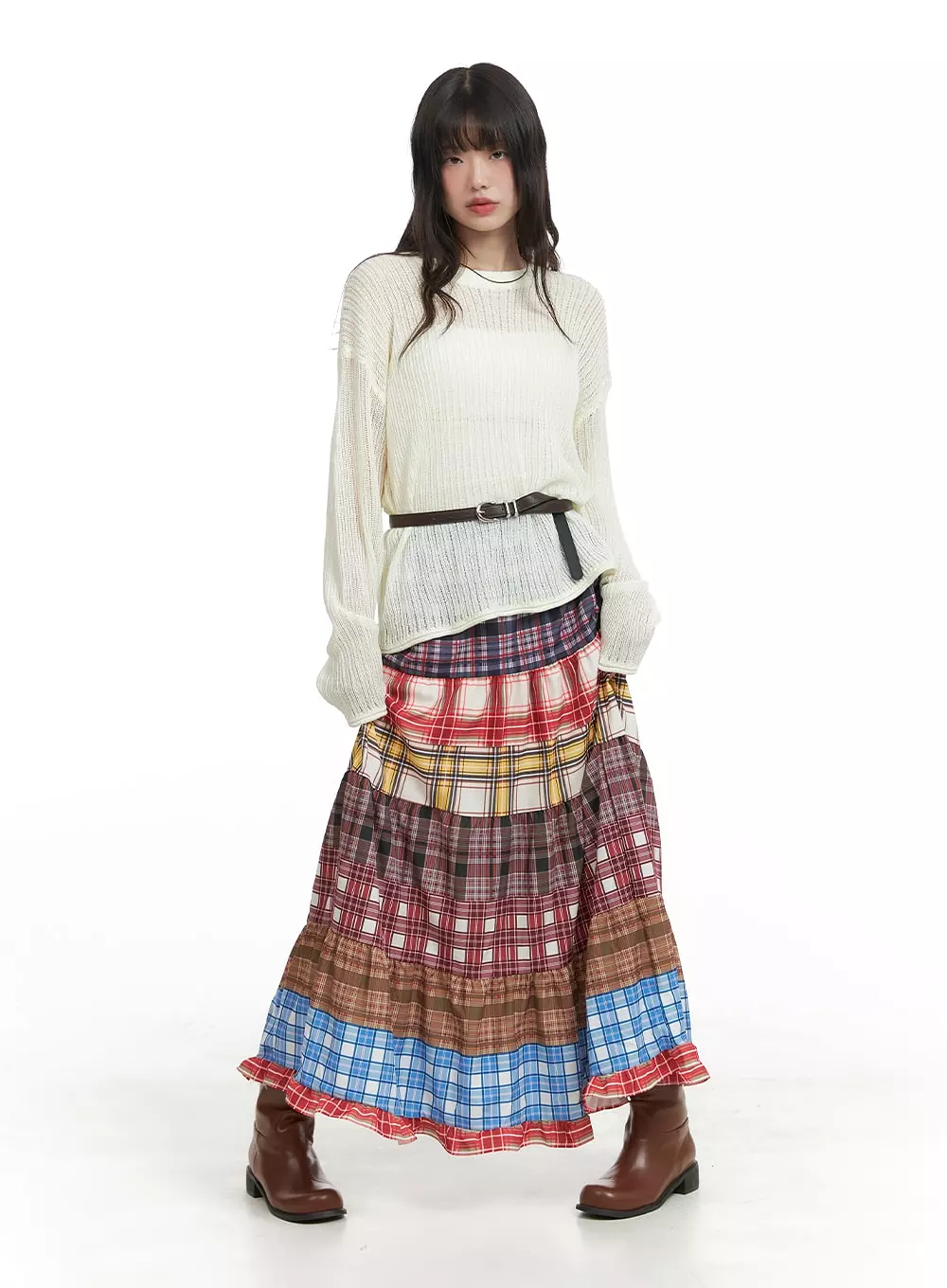 Checkered Ruffle Patchwork Maxi Skirt CA411