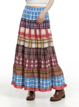 Checkered Ruffle Patchwork Maxi Skirt CA411