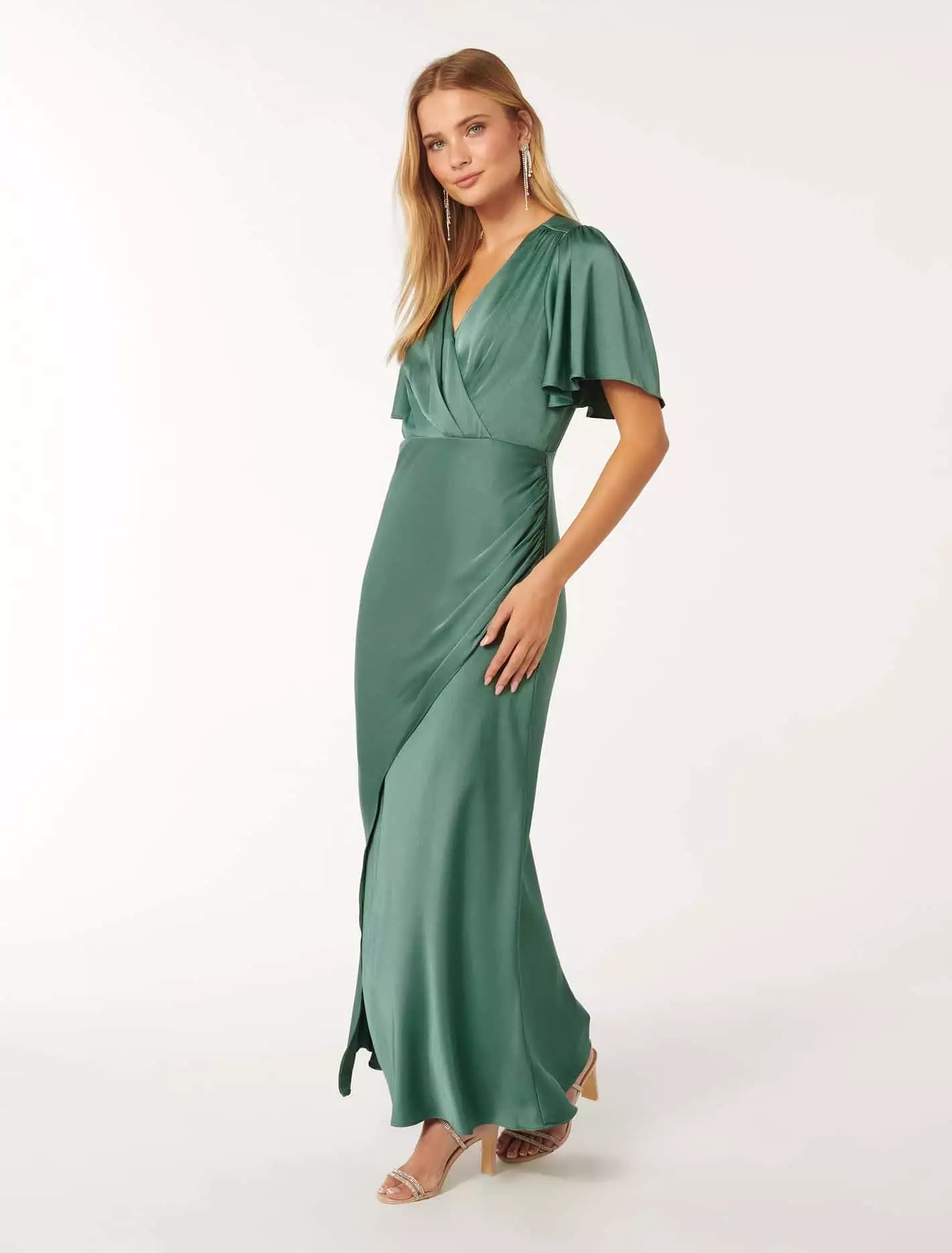 Chelsea Flutter Sleeve Satin Maxi Dress