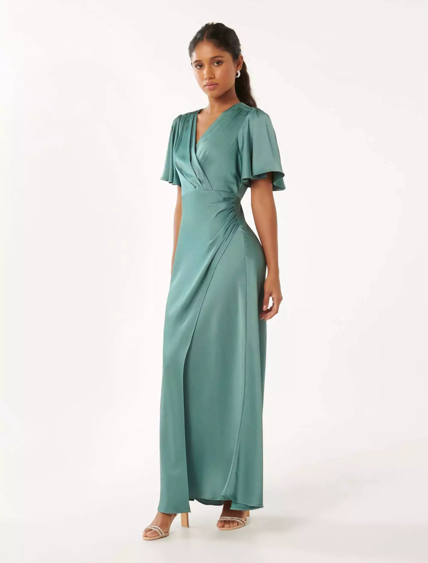 Chelsea Petite Flutter Sleeve Satin Maxi Dress