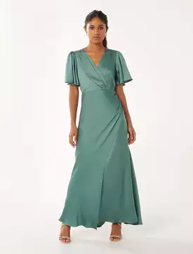 Chelsea Petite Flutter Sleeve Satin Maxi Dress