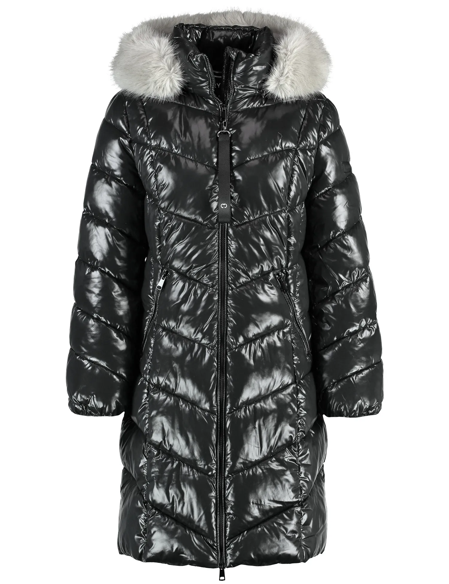 Coat with a shiny finish and faux fur trim