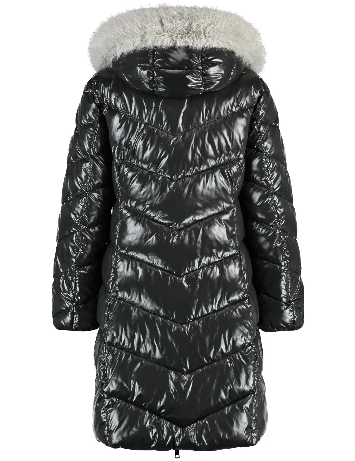 Coat with a shiny finish and faux fur trim