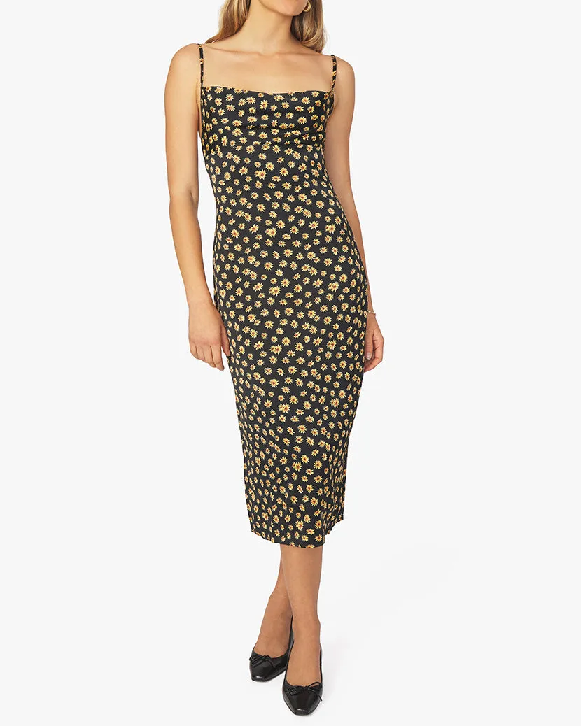 Cowl Ditsy Daisies Midi Dress | Black