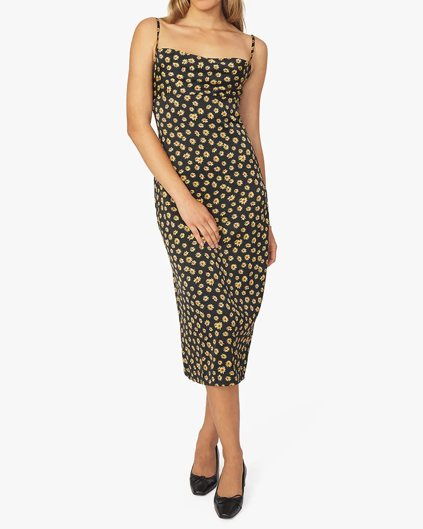 Cowl Ditsy Daisies Midi Dress | Black