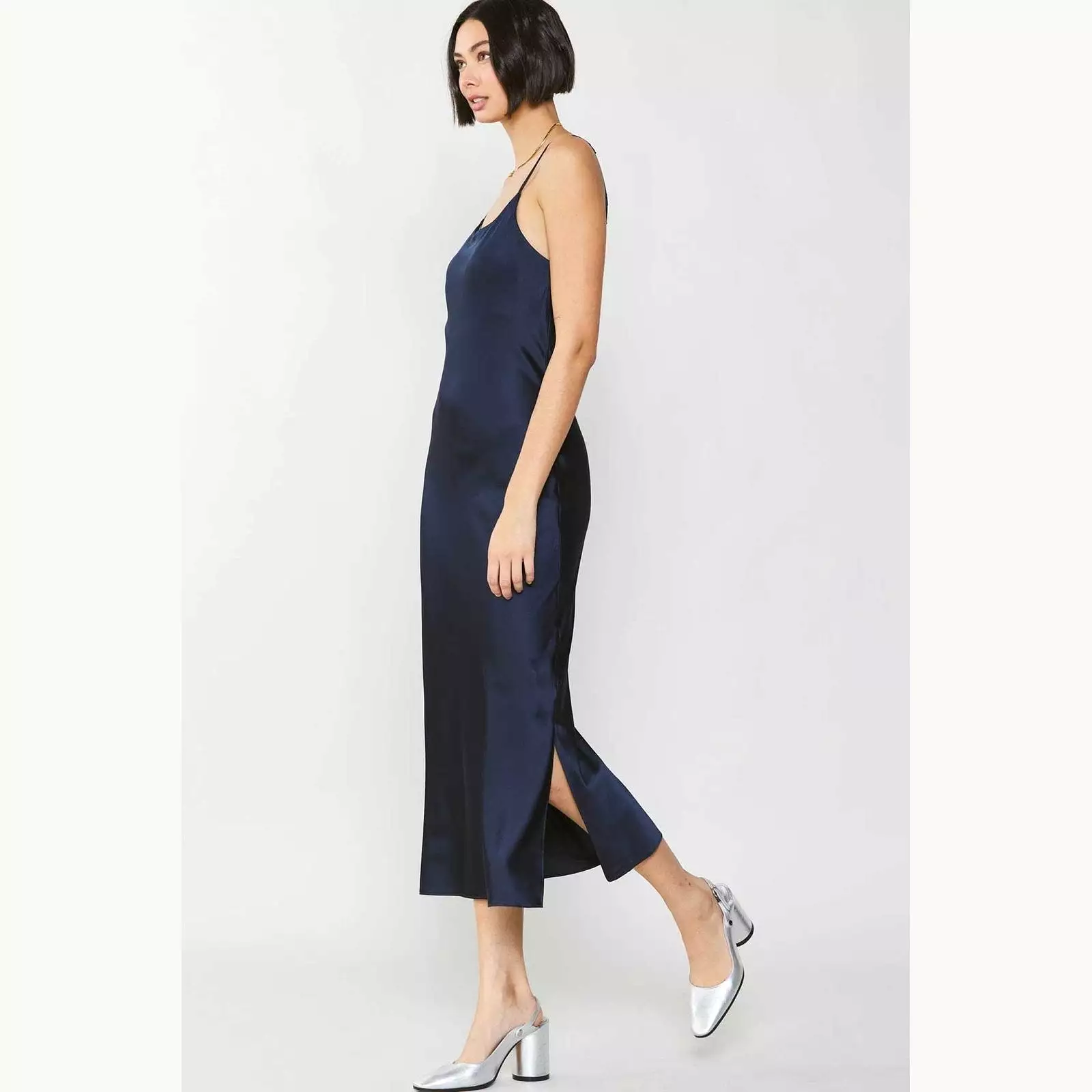 Current Air Silk Bias Strappy Midi Dress in Navy