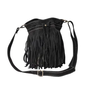 Delia Suede Leather Fringe Bucket Bag in Black