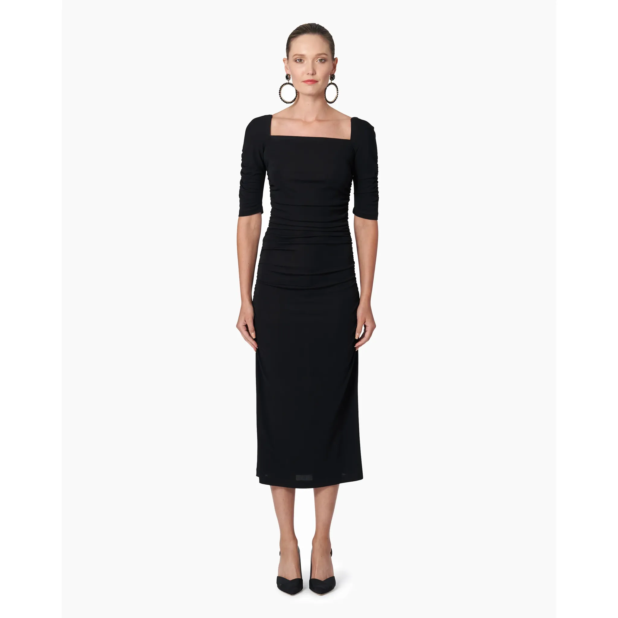 Elbow Sleeve Ruched Midi Dress | Black