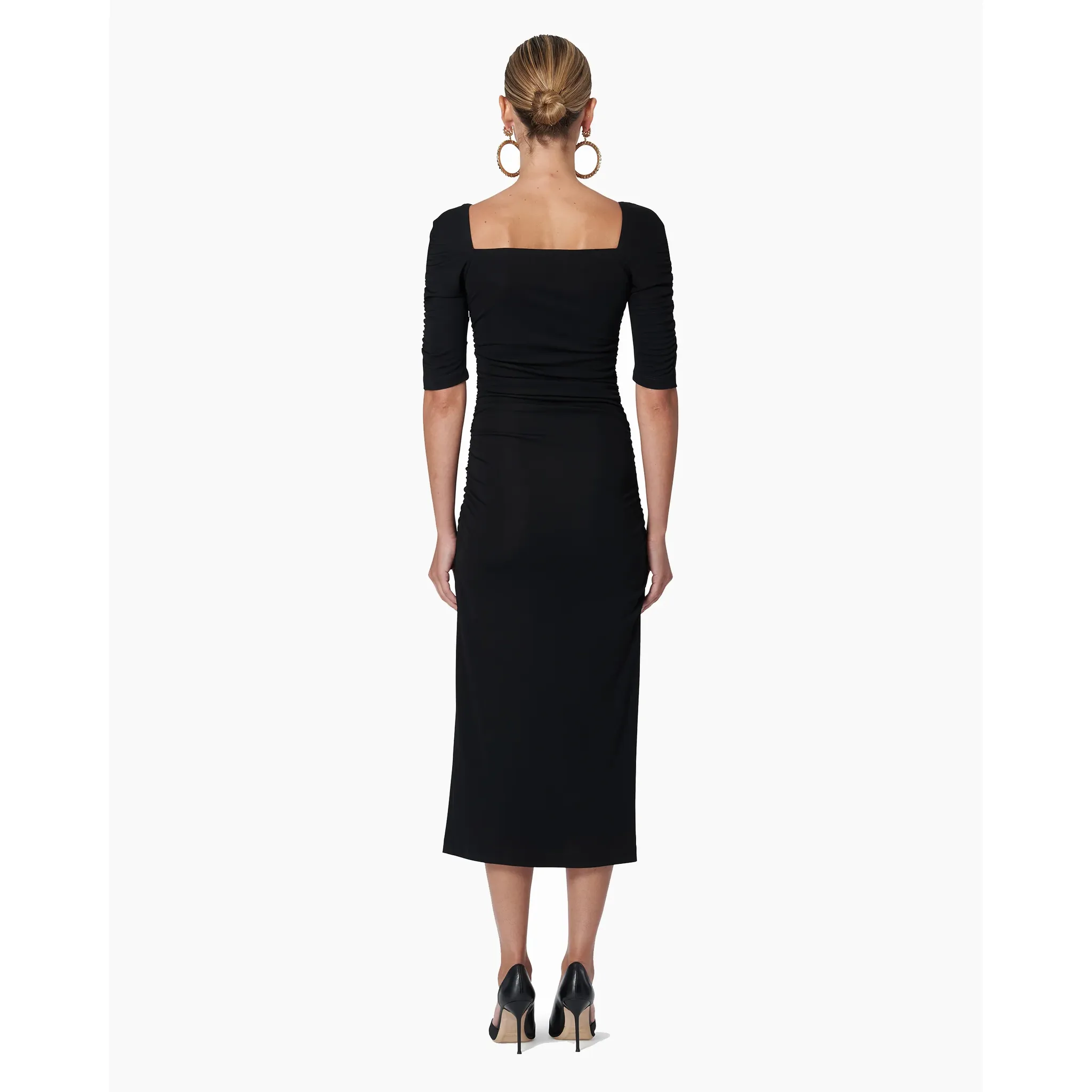 Elbow Sleeve Ruched Midi Dress | Black