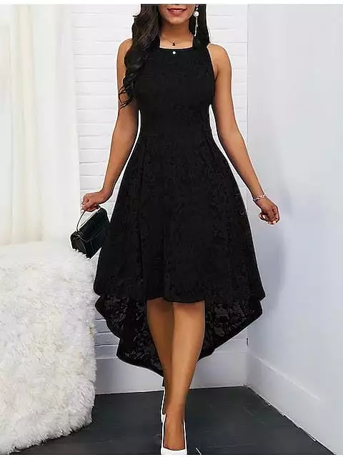 Elegant Black Denim Midi Skater Dress for Office, Parties, and Weddings