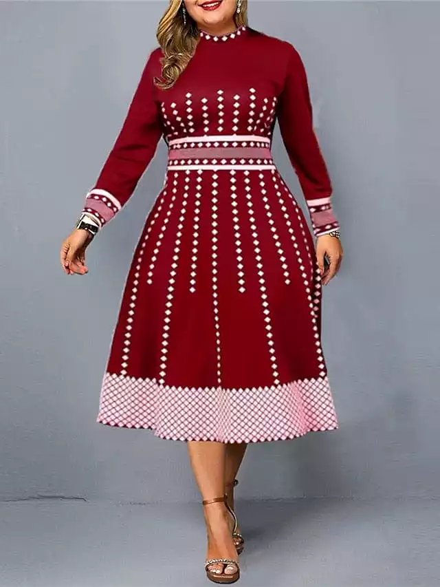 Elegant Geometric Plus Size Long Sleeve Midi Dress