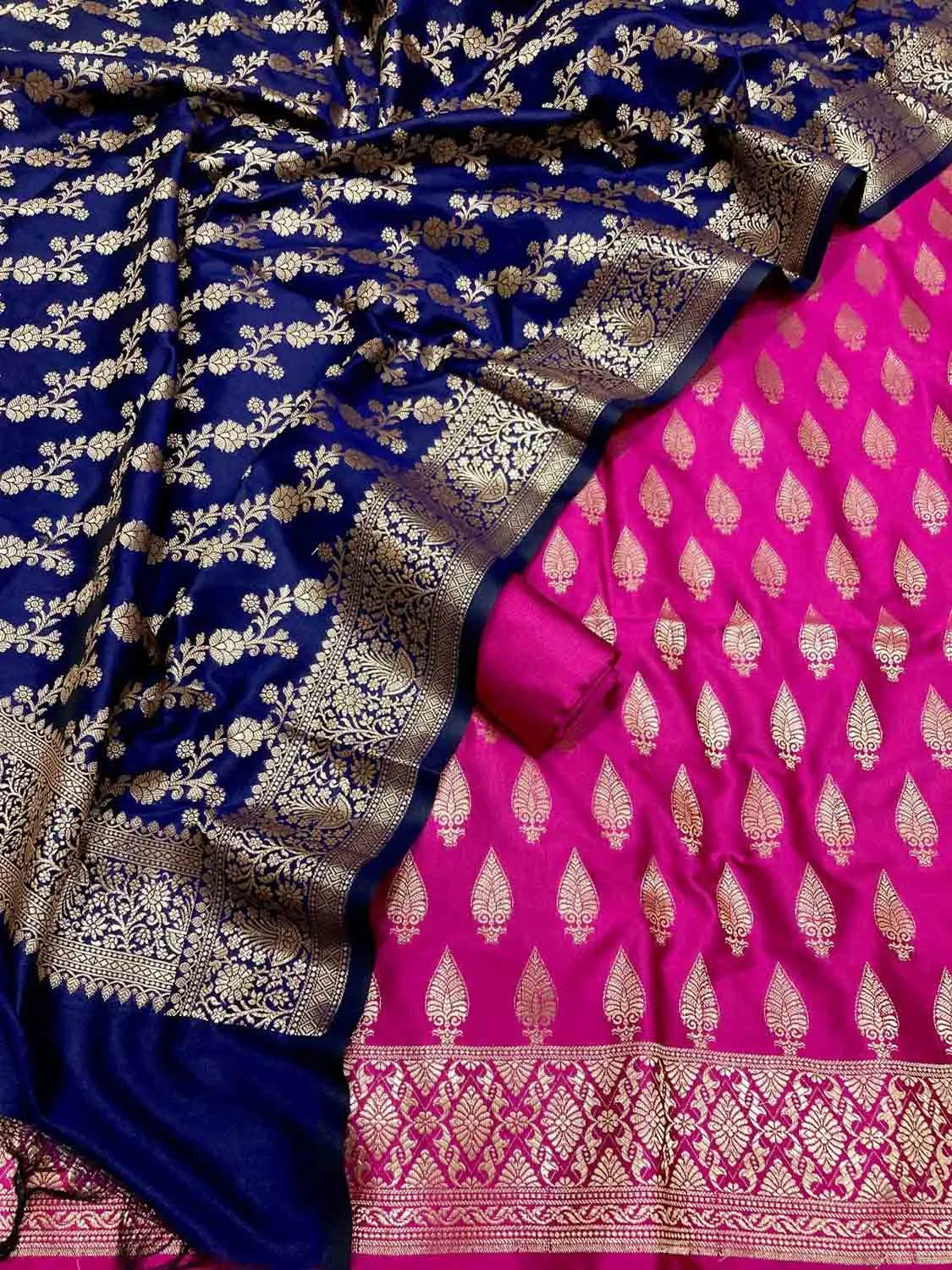 Elegant Pink and Blue Banarasi Silk Three Piece Unstitched Suit Set: A Perfect Blend of Tradition and Style