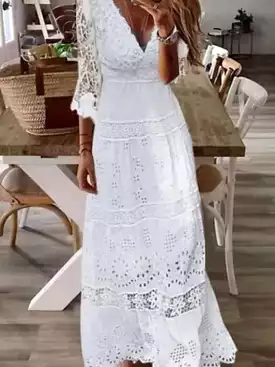 Elegant White Lace Maxi Dress with V-Neck and 3/4 Sleeves - Sizes S-XXL