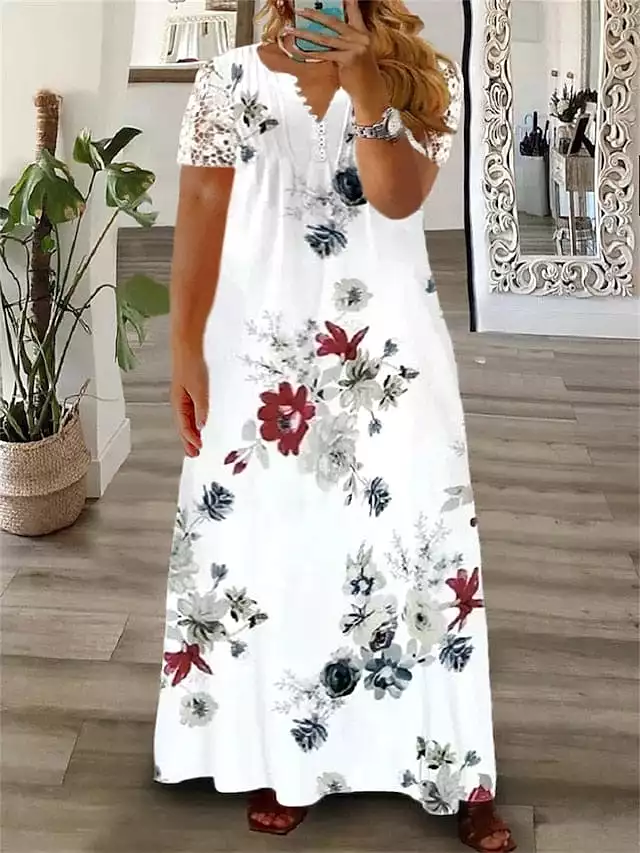 Floral Butterfly Print Plus Size Maxi Dress with Long Sleeves