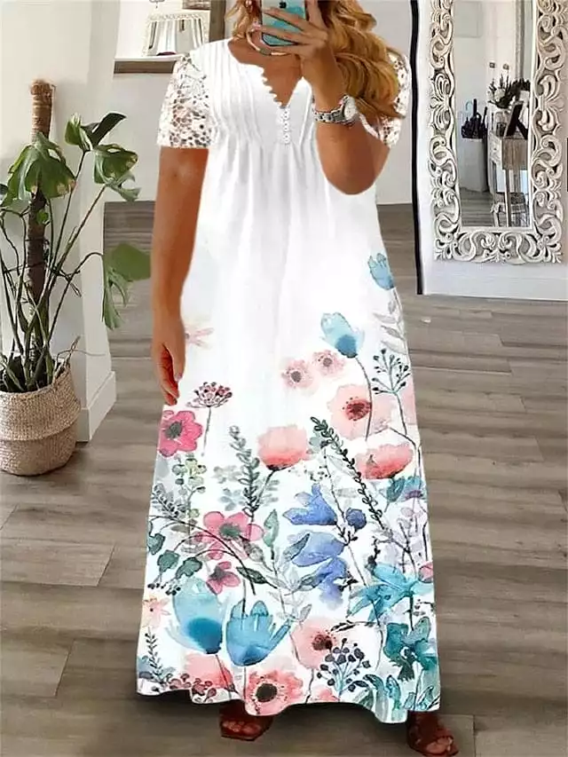 Floral Butterfly Print Plus Size Maxi Dress with Long Sleeves