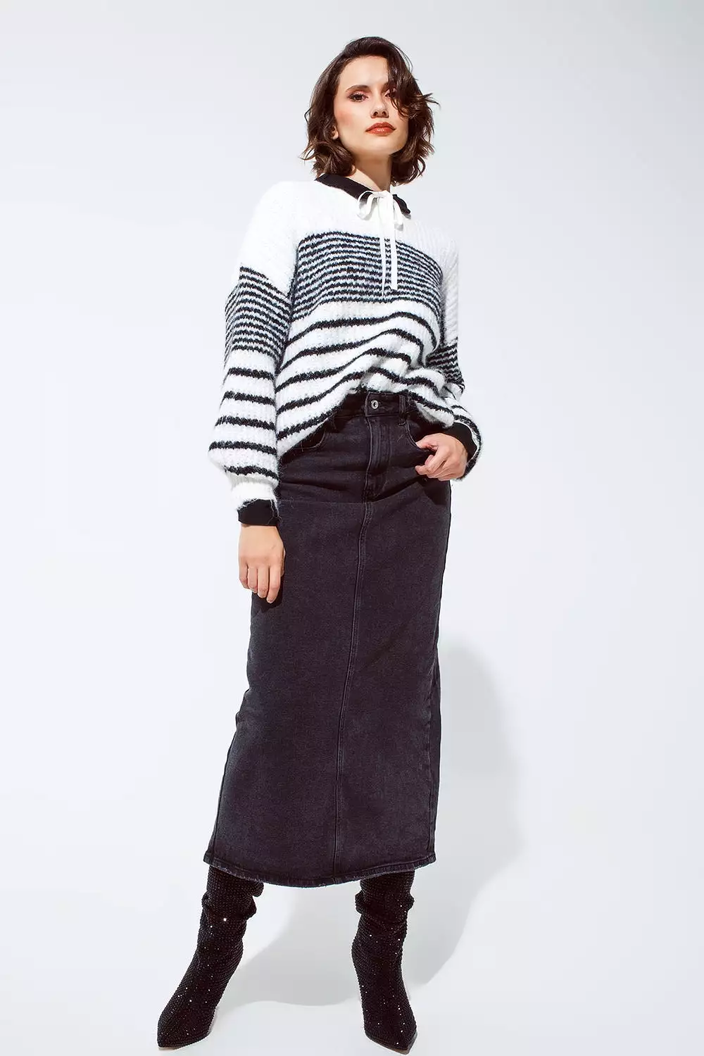 Fluffy  Crew Neck Sweater With Thin Black Stripes in White