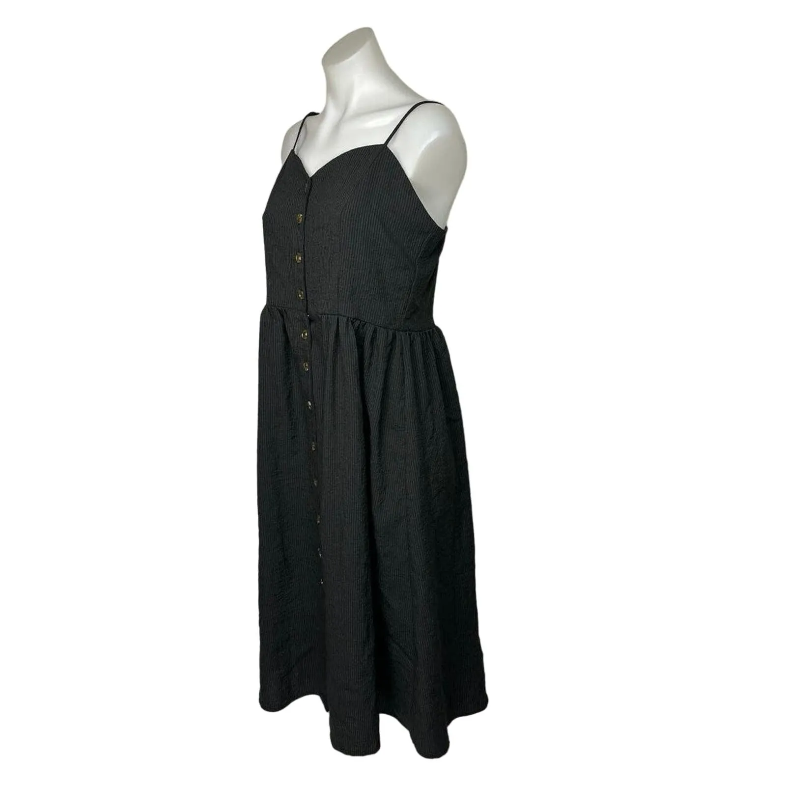 H&M Black Ribbed Smocked Sweetheart Sleeveless Button Midi A Line Dress Size 10