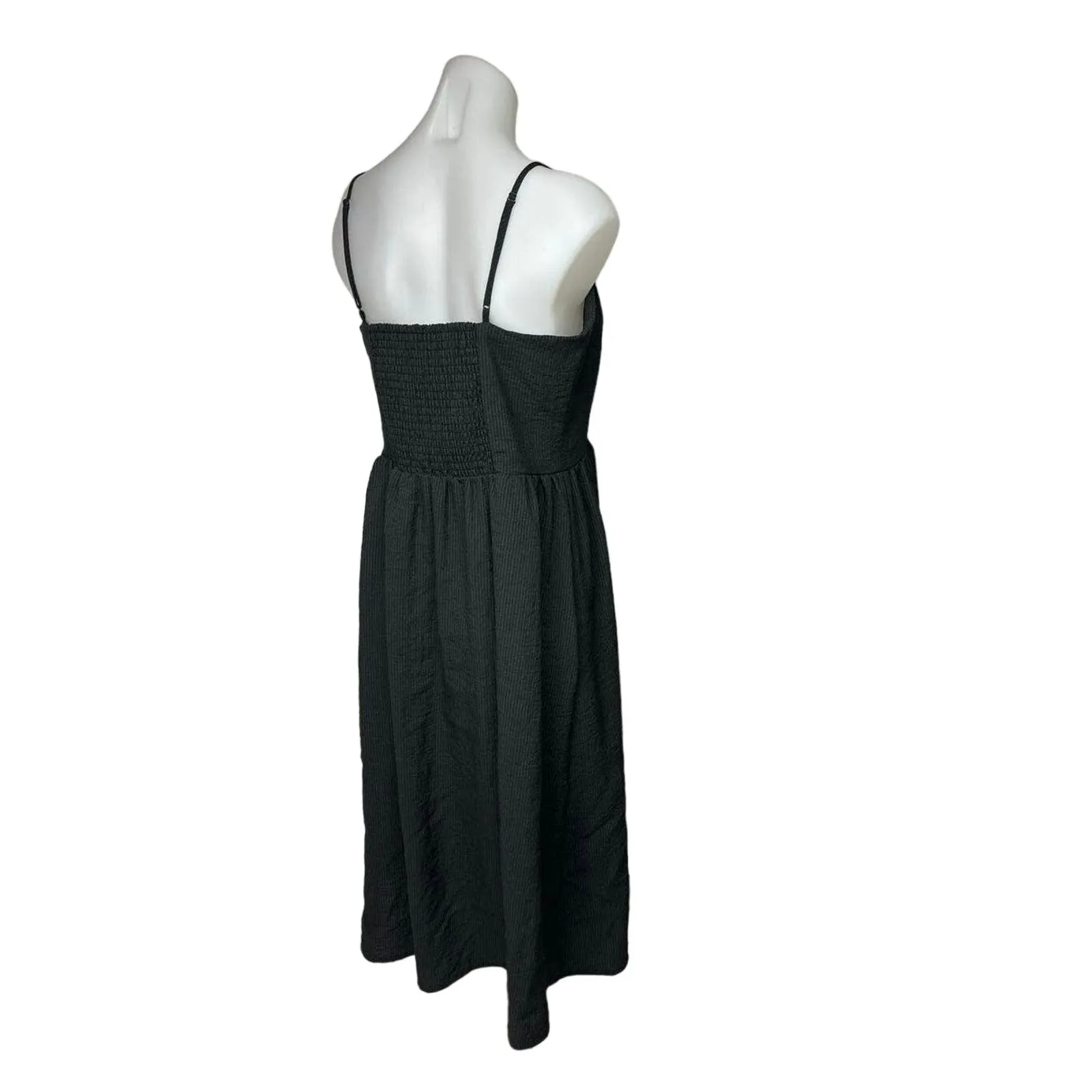 H&M Black Ribbed Smocked Sweetheart Sleeveless Button Midi A Line Dress Size 10