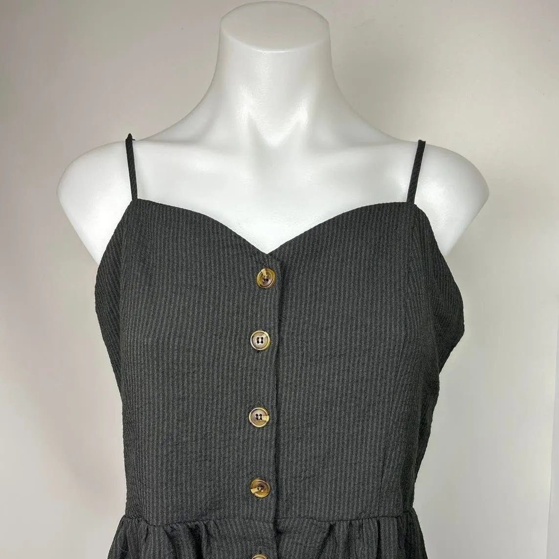 H&M Black Ribbed Smocked Sweetheart Sleeveless Button Midi A Line Dress Size 10