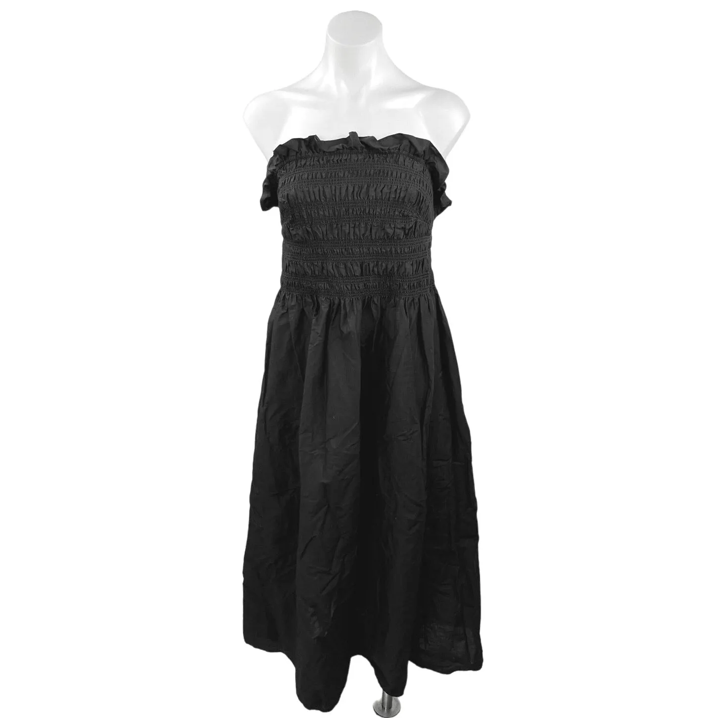 H&M Black Smocked Strapless Ruffle Square Neck A Line Midi Dress Size XXL