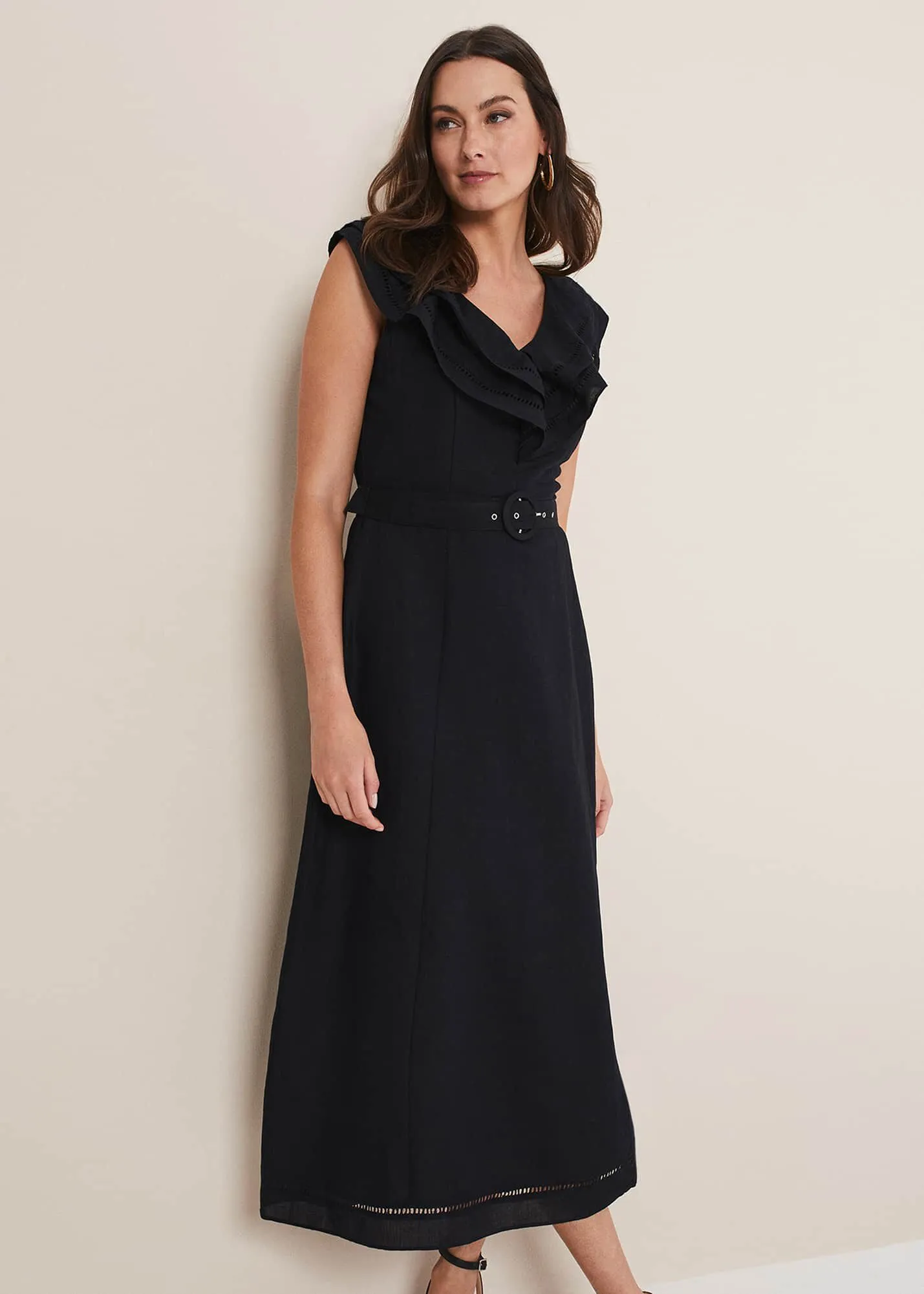 Julieta Black Linen Ruffle Broderie Midi Dress