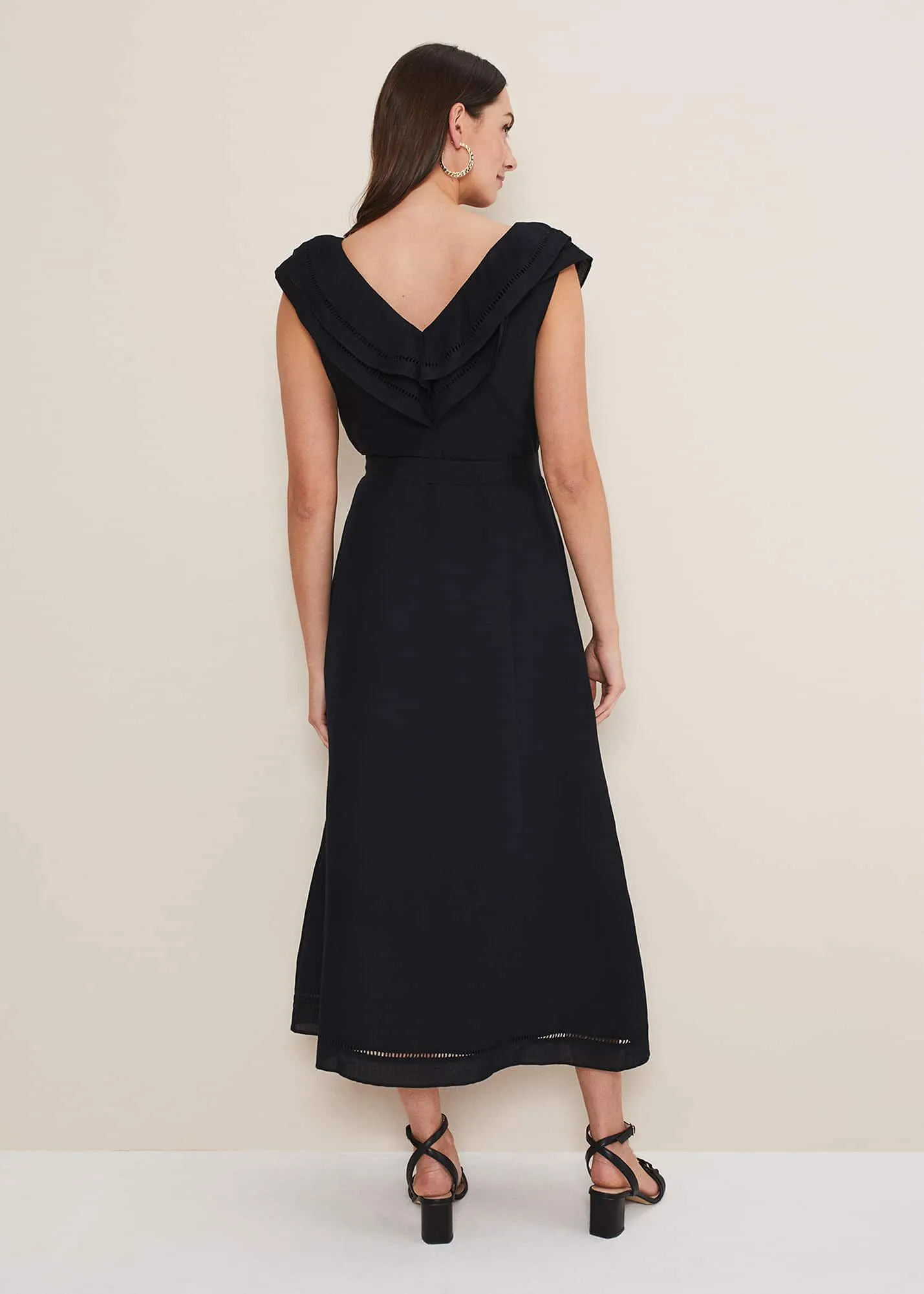 Julieta Black Linen Ruffle Broderie Midi Dress