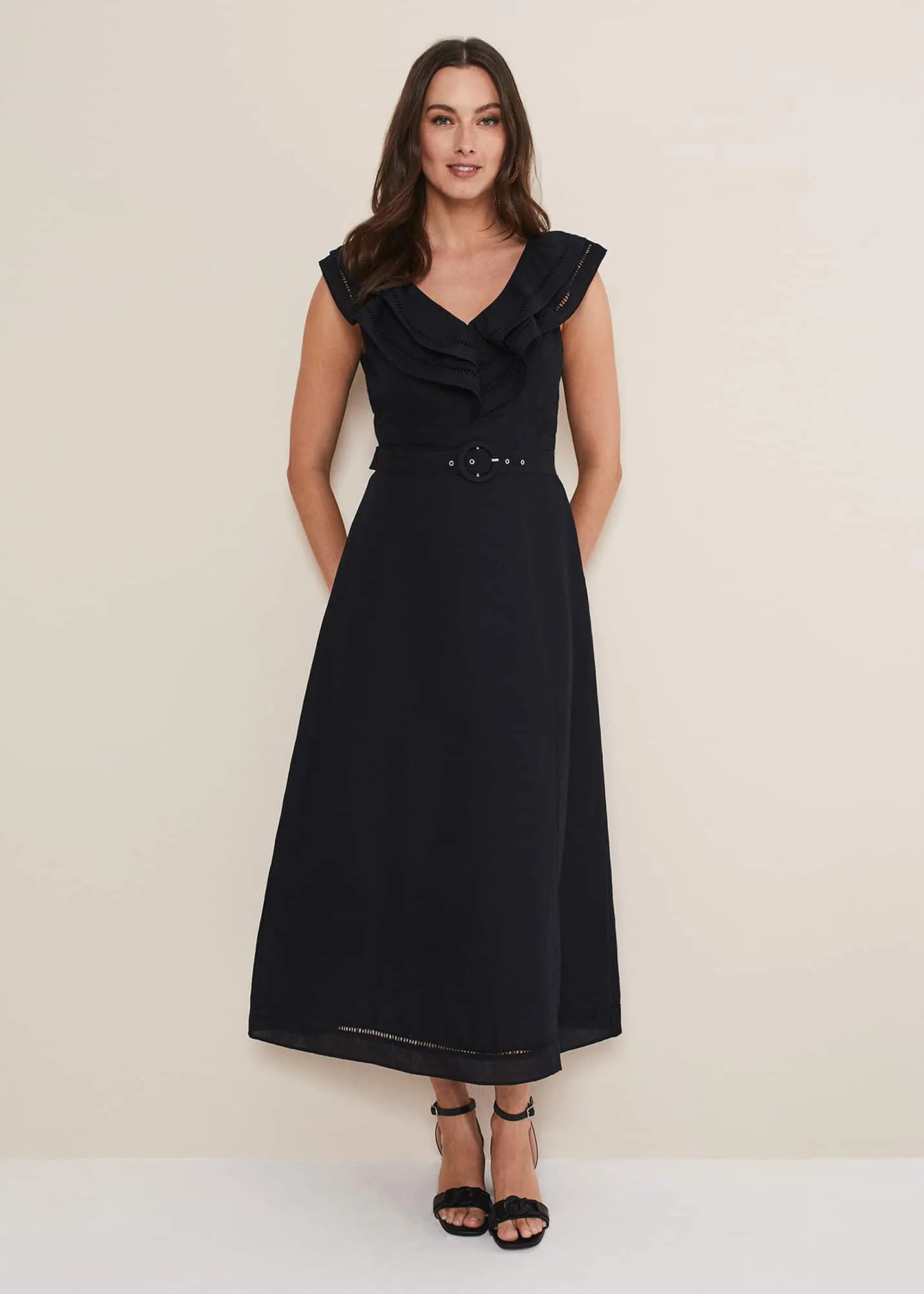 Julieta Black Linen Ruffle Broderie Midi Dress