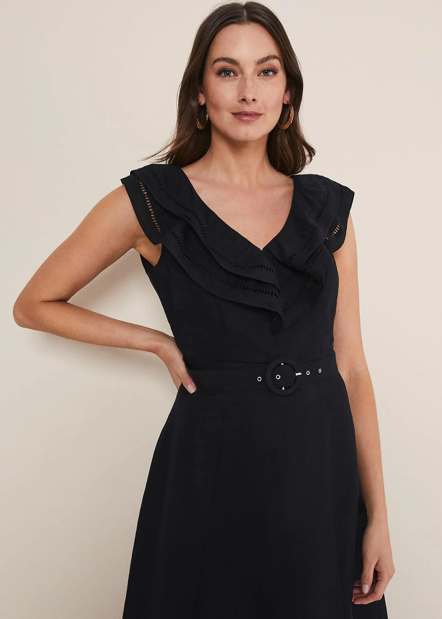 Julieta Black Linen Ruffle Broderie Midi Dress