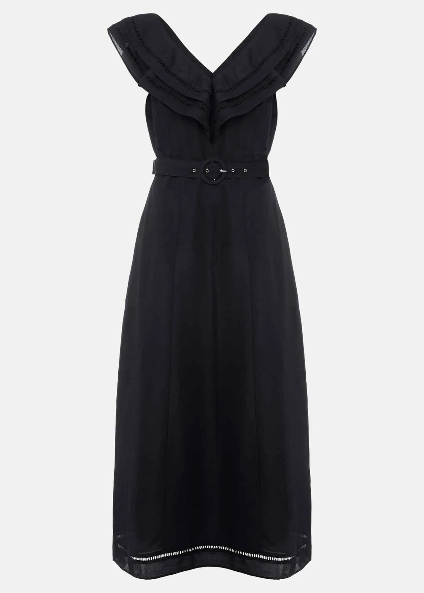 Julieta Black Linen Ruffle Broderie Midi Dress