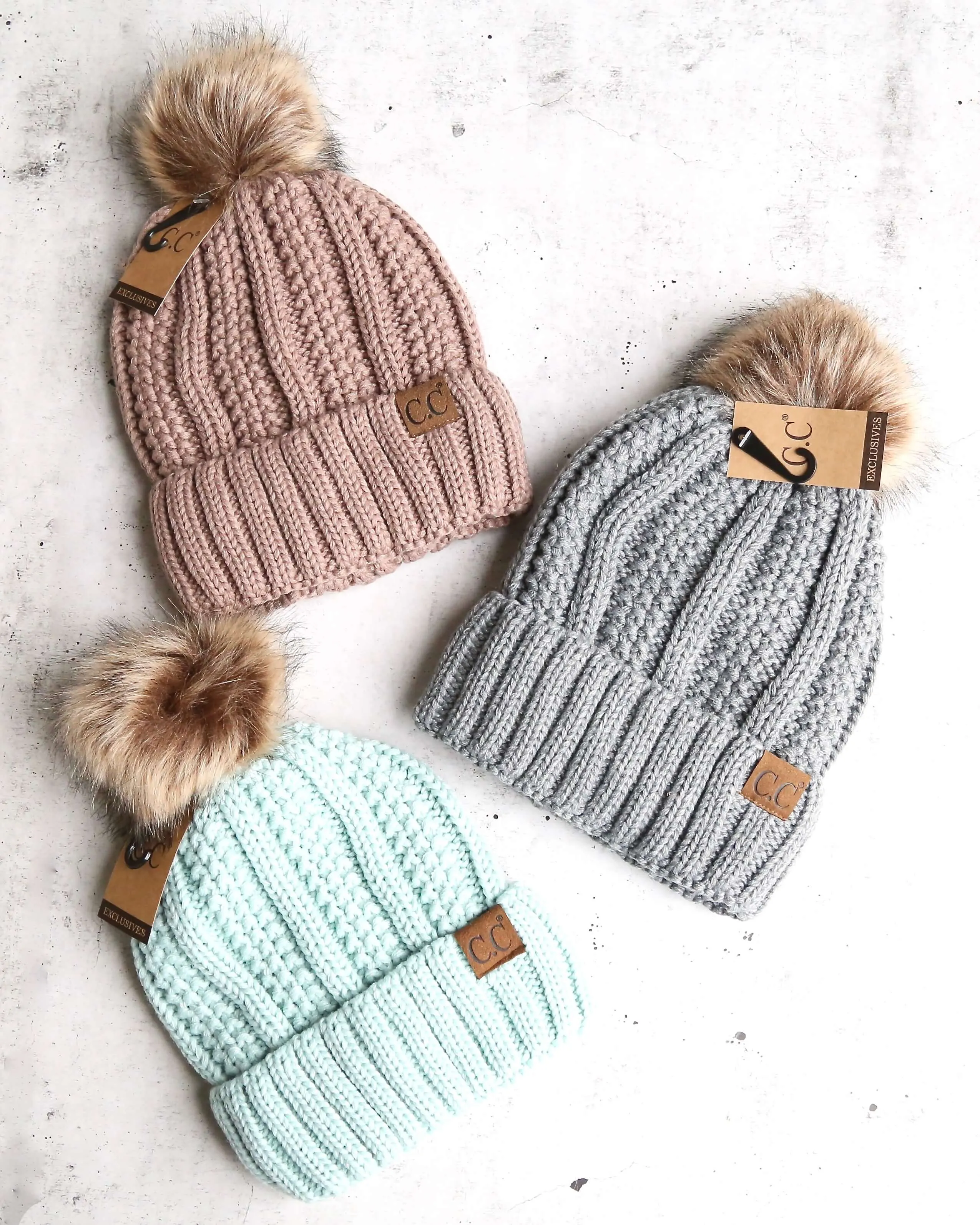 Knitted Two Tone C.C. Beanies With Pom Pom And Fuzzy Lining - More Colors