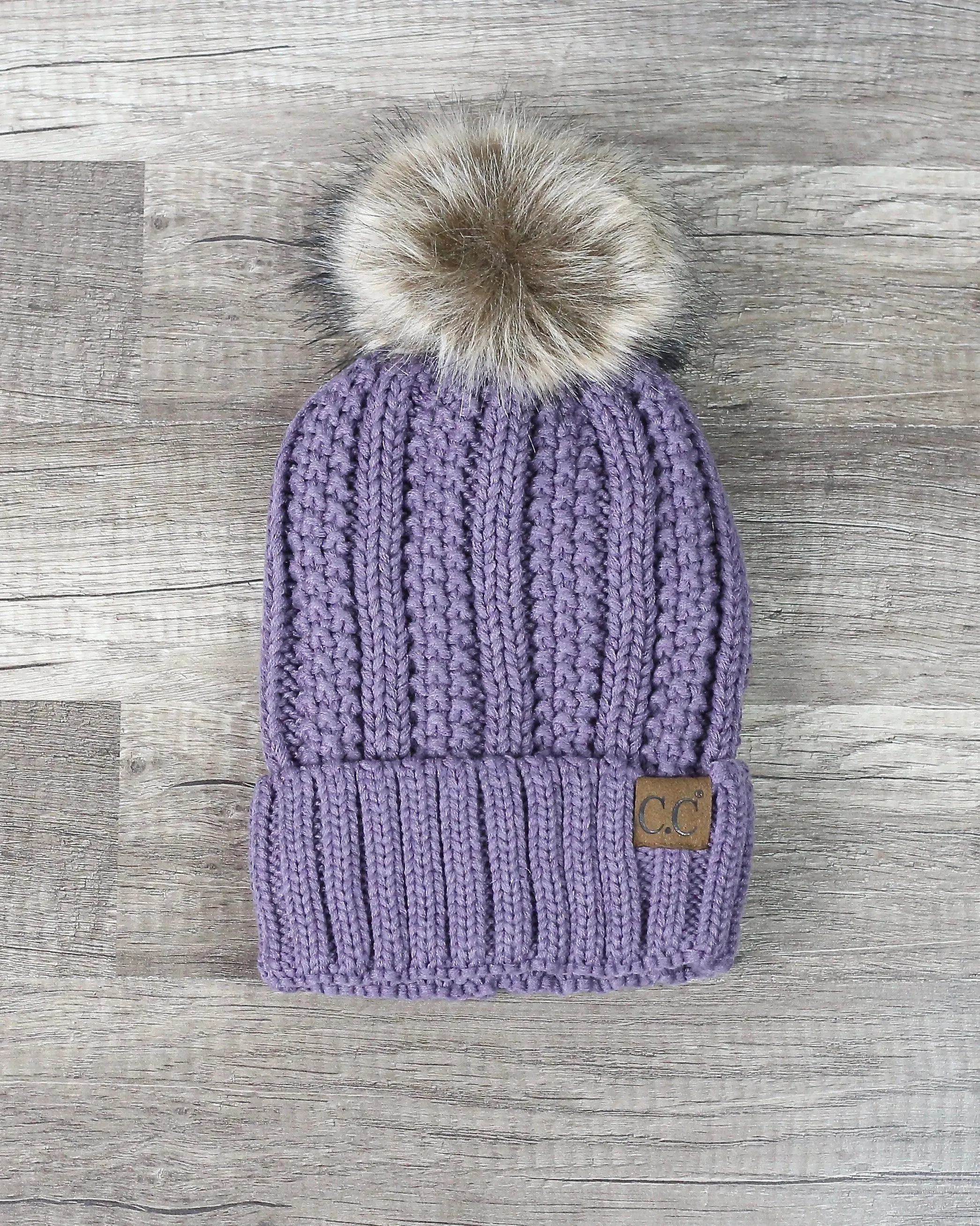 Knitted Two Tone C.C. Beanies With Pom Pom And Fuzzy Lining - More Colors