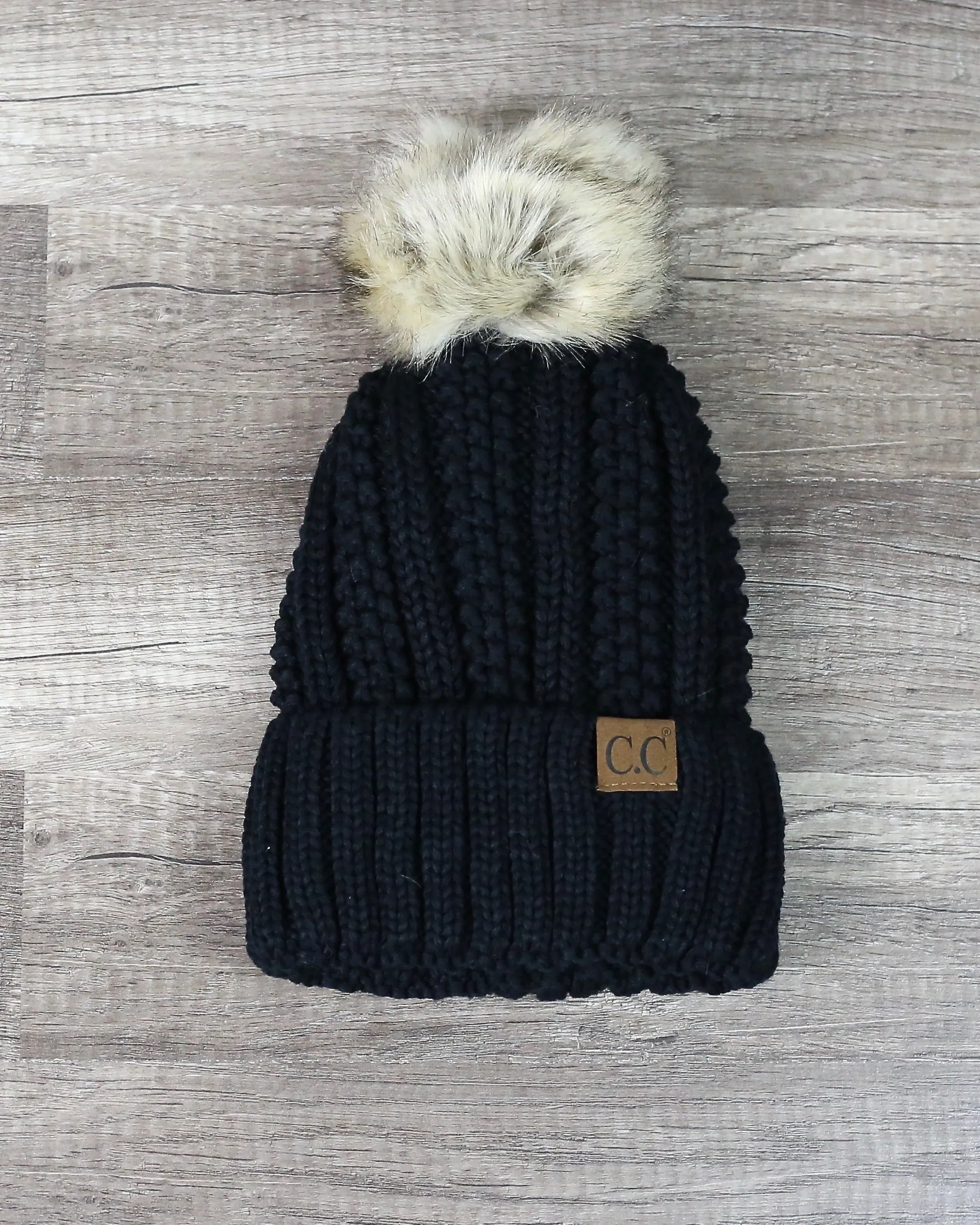 Knitted Two Tone C.C. Beanies With Pom Pom And Fuzzy Lining - More Colors